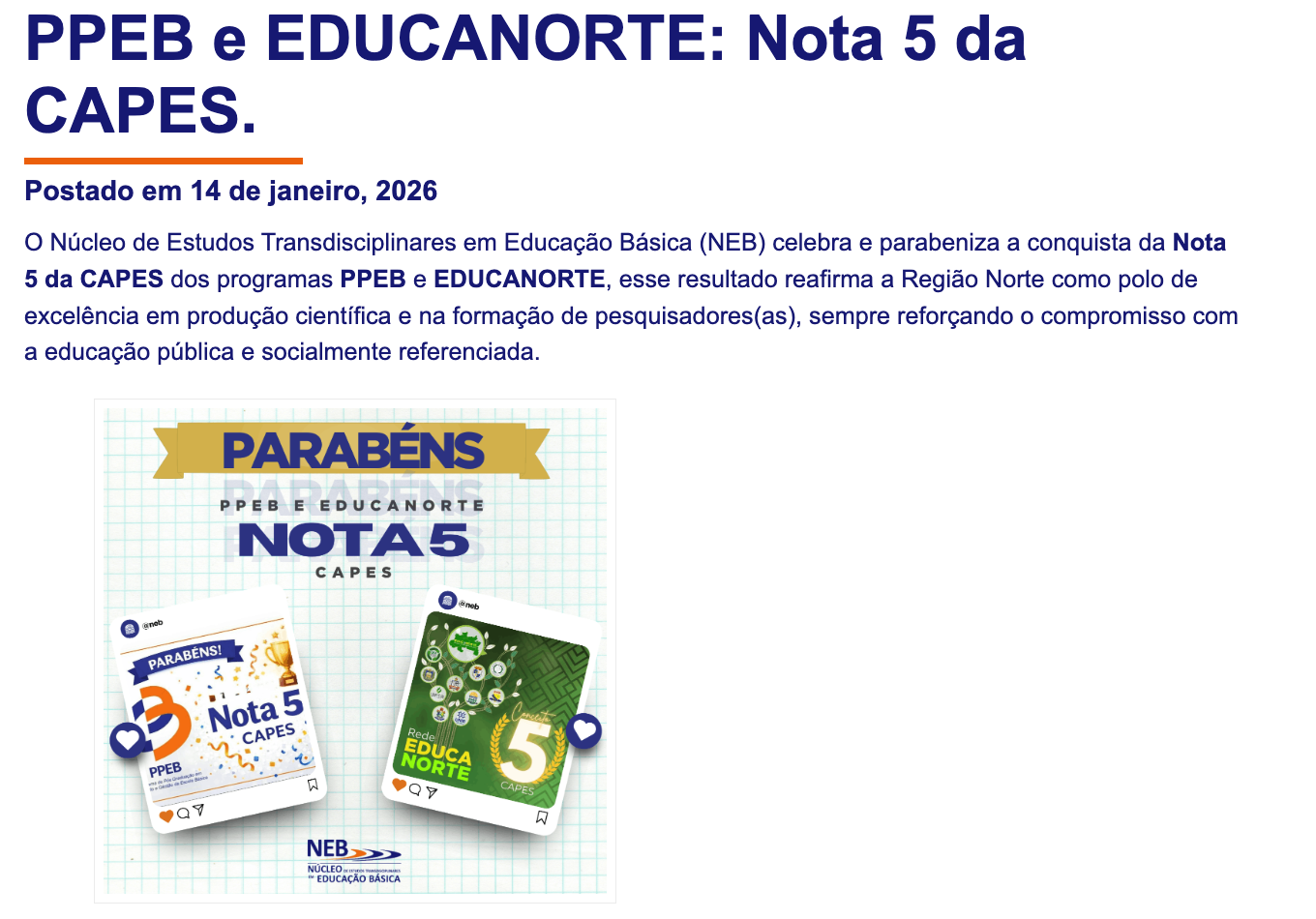 PPEB e EDUCANORTE: Nota 5 da CAPES